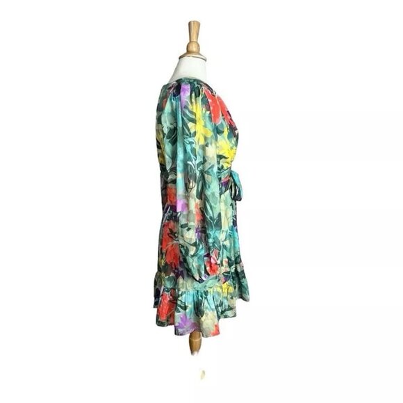 Alex Marie Ruffle Dress 6P Petites Floral Sheer Chiffon V-Neck Puff Sleeve Tier - Picture 3 of 12